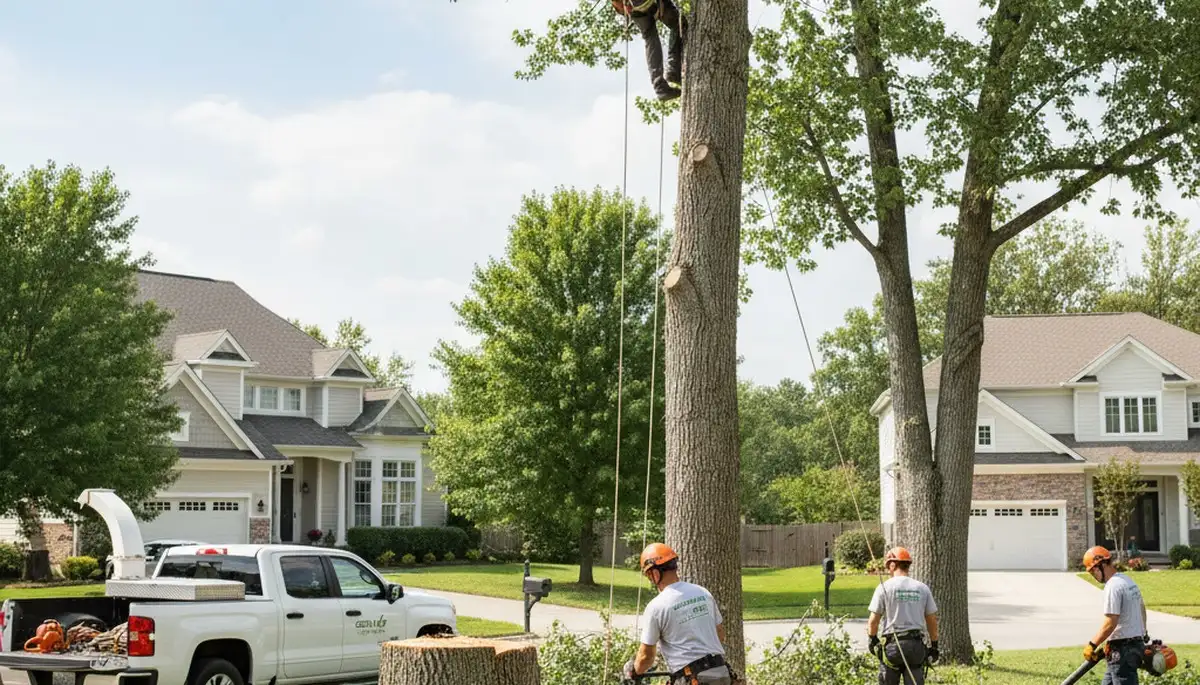 Lawn care professionals mowing a coastal yard in Saint Petersburg, FL for Chop Chop Tree