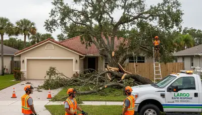 Emergency tree removal crew clearing storm-damaged trees in Largo, FL near Saint Petersburg homes