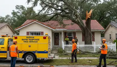 Emergency tree removal crew clearing storm-damaged trees in Ruskin, near Saint Petersburg, FL homes