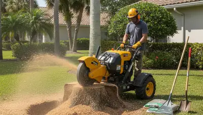 Stump grinding service removing tree stump in Belleair Beach, FL yard by professional tree company