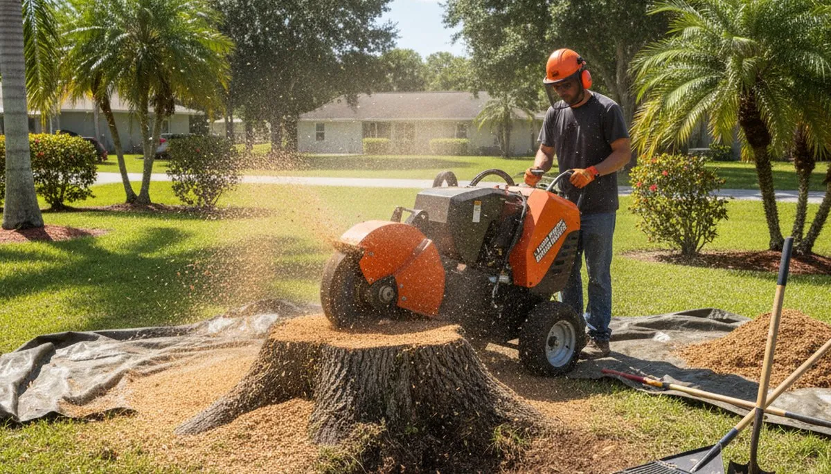 Professional stump grinding service removing tree stump in Largo, FL yard by Saint Petersburg tree experts