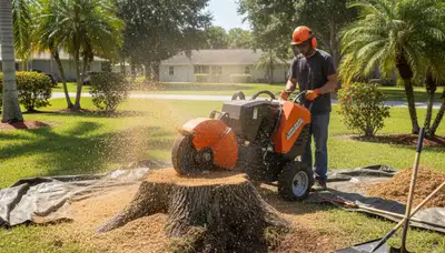 Professional stump grinding service removing tree stump in Largo, FL yard by Saint Petersburg tree experts