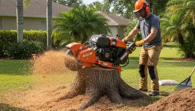 Professional stump grinding service removing tree stumps in Ruskin, FL yard by Saint Petersburg experts