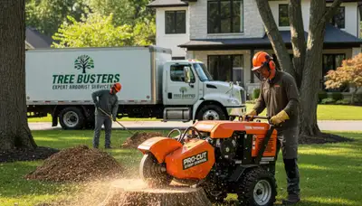 Arborist performing professional stump removal in Saint Petersburg FL with grinder on sandy coastal property