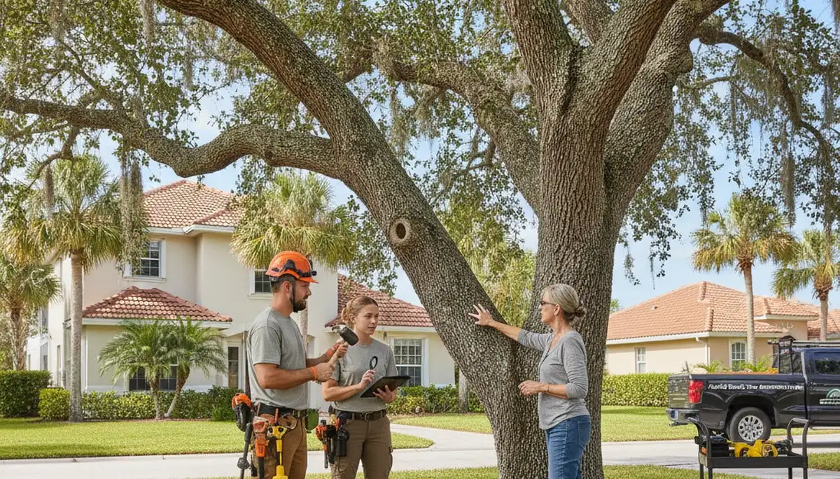 Certified arborist performing tree health assessment in Apollo Beach, FL for St. Petersburg tree service