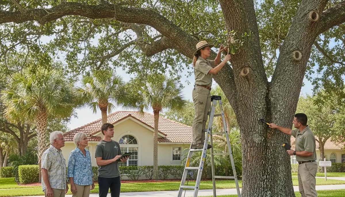 Certified arborist performing tree health assessment in Indian Rocks Beach, FL for safe tree removal