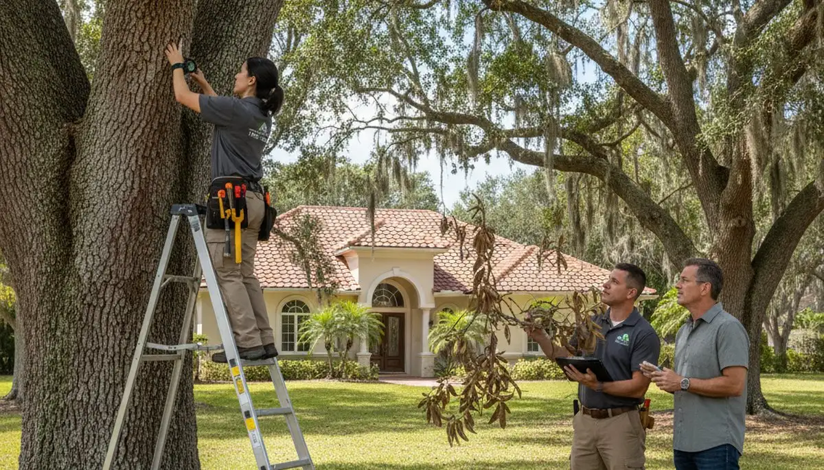 Certified arborist performing tree health assessment for homeowners in Ruskin, near Saint Petersburg FL