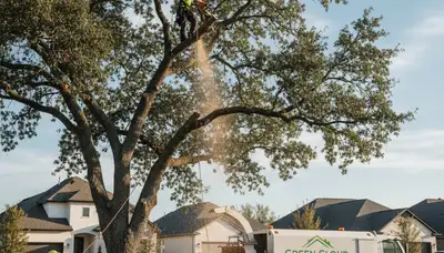 Arborist pruning palm tree for storm safety in Saint Petersburg, FL