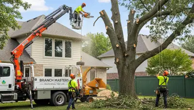 Tree removal team trimming palm in Saint Petersburg FL yard | Chop Chop Tree Service