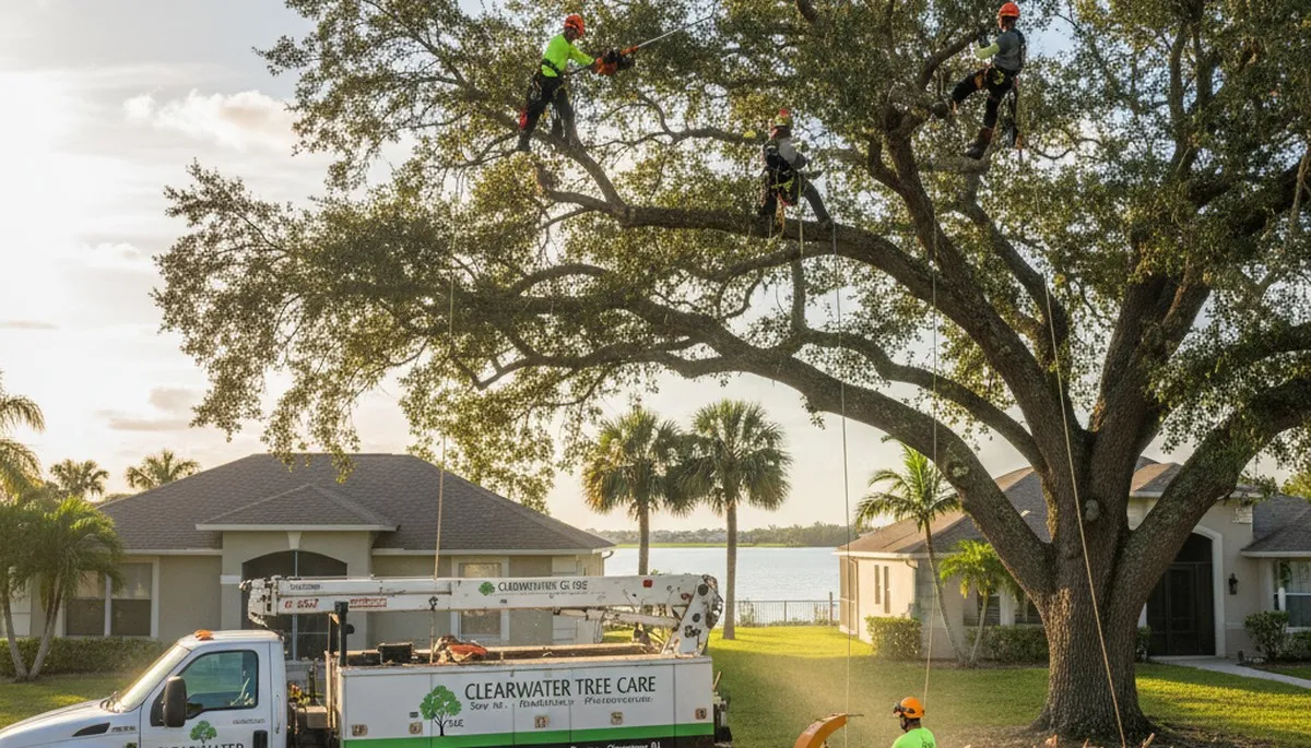 Professional tree removal service crew in Saint Petersburg FL clearing a large oak tree safely
