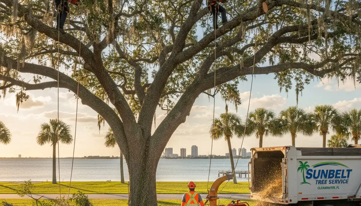 Professional tree removal service in Saint Petersburg FL safely cutting large oak tree
