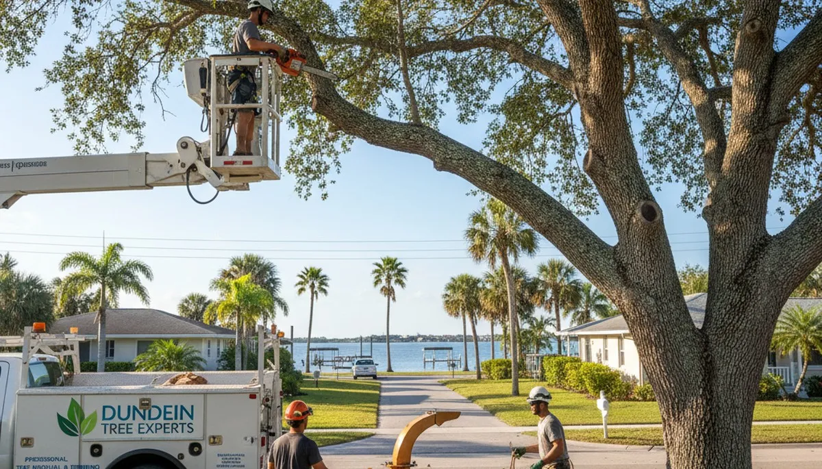 Professional tree removal service in Saint Petersburg FL safely cutting tree near residential property
