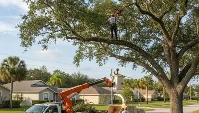 Professional tree removal service team in Saint Petersburg FL safely cutting large oak tree