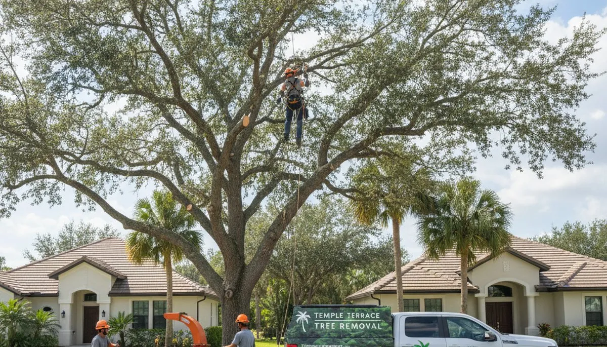 Professional tree removal service in Saint Petersburg FL safely cutting and clearing large oak tree